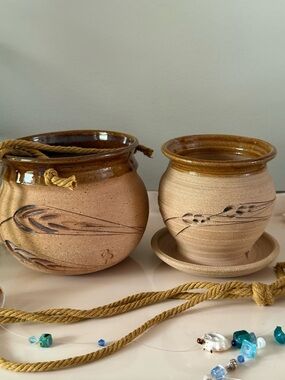 Handmade Studio Pottery Planters Flower Pots Set of Two Wheat Design